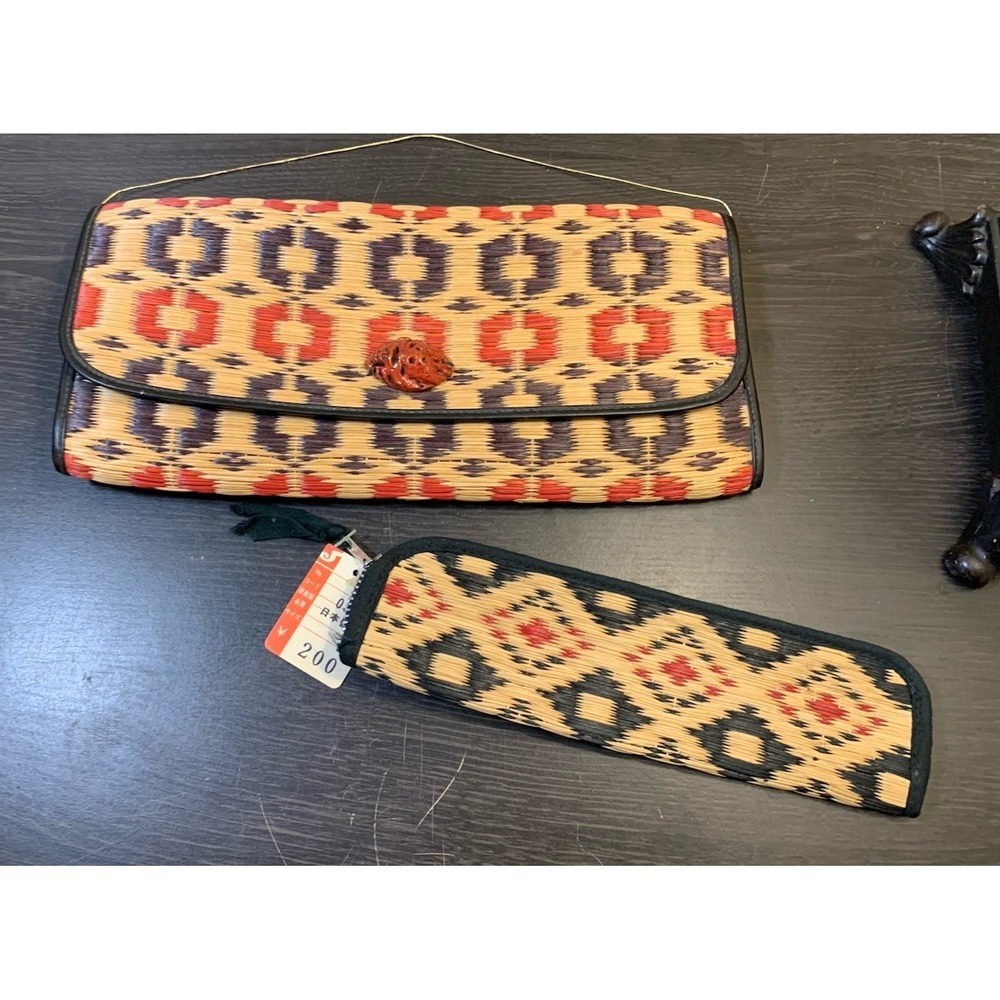 Vintage Hand Woven Straw Raffia Geometric Clutch Japanese Wallet & Pen Case
